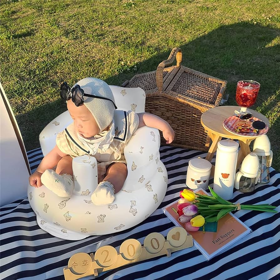 Baby Support Seat for 3-36 Months, 100% Safe Blow Up Chair with Built-in Air Pump, Infant Floor Seat (Bear)